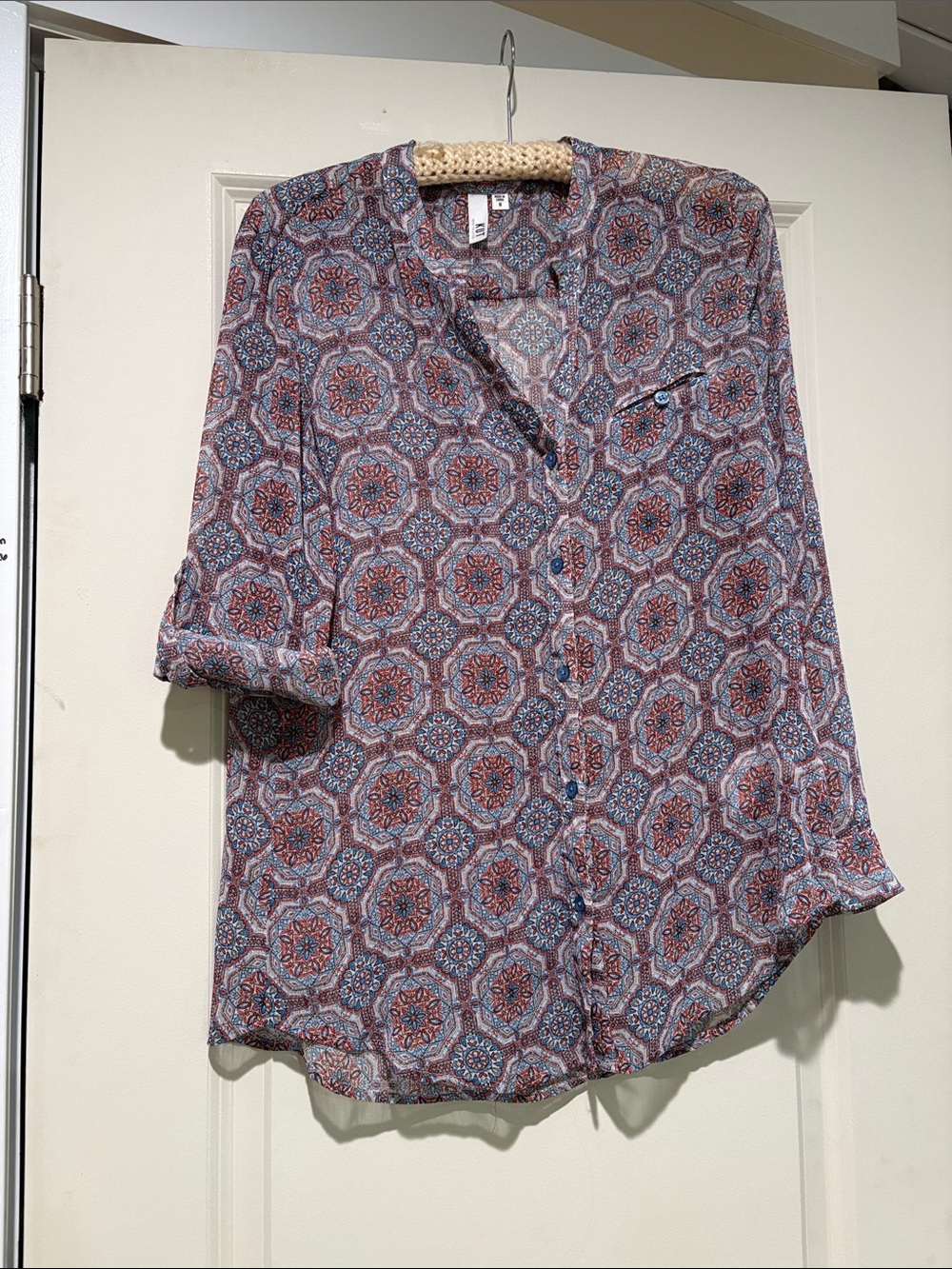 Kut from the Kloth Blue and Rust Geometric Button-Down Shirt
